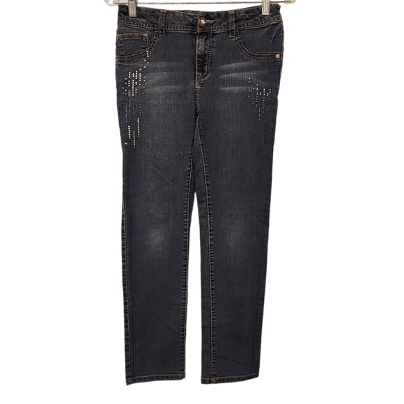 Womens Cherokee Skinny Fit Jeans Size 14 Dark Wash Mid Rise‎ Rhinestones - Picture 1 of 13